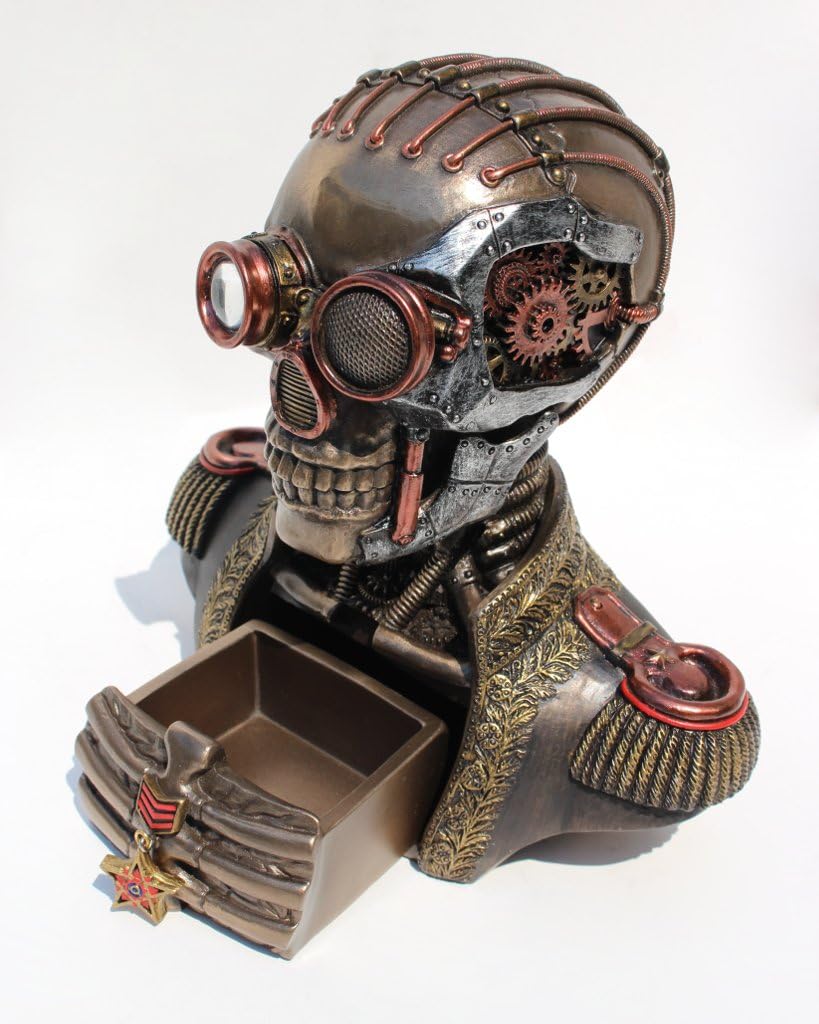 Steampunk Skull Band Uniform Bust Trinket Box, Cold Cast Bronze, 7.25 Inch Tall