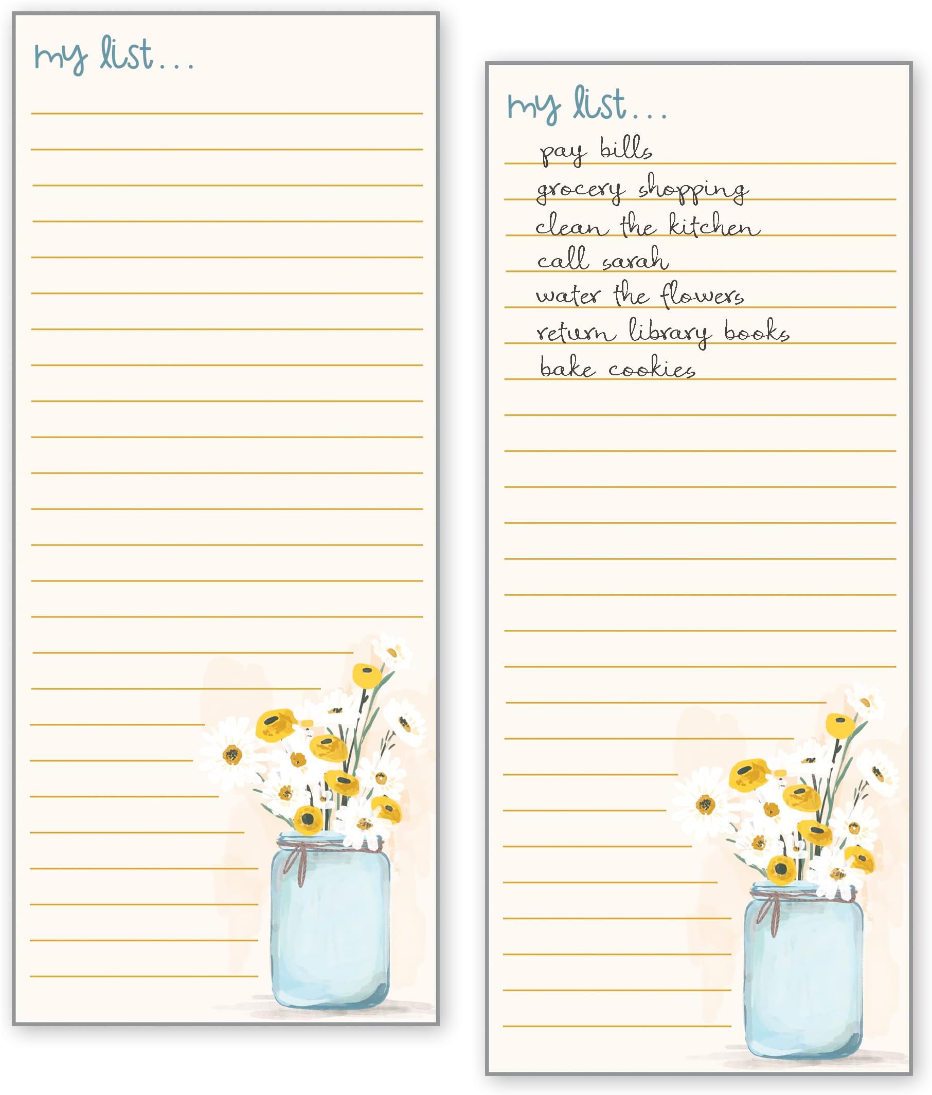 Gina B DesignsSet of 2 - List Pad, Notepad, Fridge Pad, Shopping List, To-Do List with Attachable Magnet, Made in the U.S.A. - Jar of Daisies