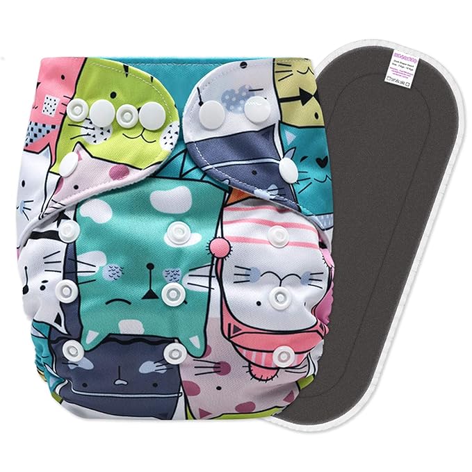 Bembika Washable Reusable Cloth Diaper Adjustable with 5 Layer Bamboo Charcoal Insert (Cat Doodle)