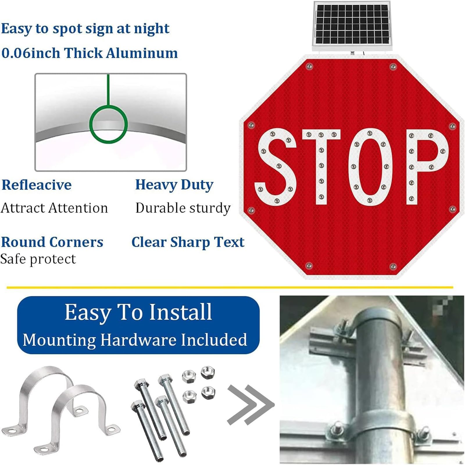 Seguridad Vial Señal De Stop, Señales De Alto Solares De 60x 60/80x80cm, Aluminio Inoxidable, Reflectante, Con Luces Solares Intermitentes, Control Inteligente Del Sensor De Luz(80 * 80cm/31.5in)