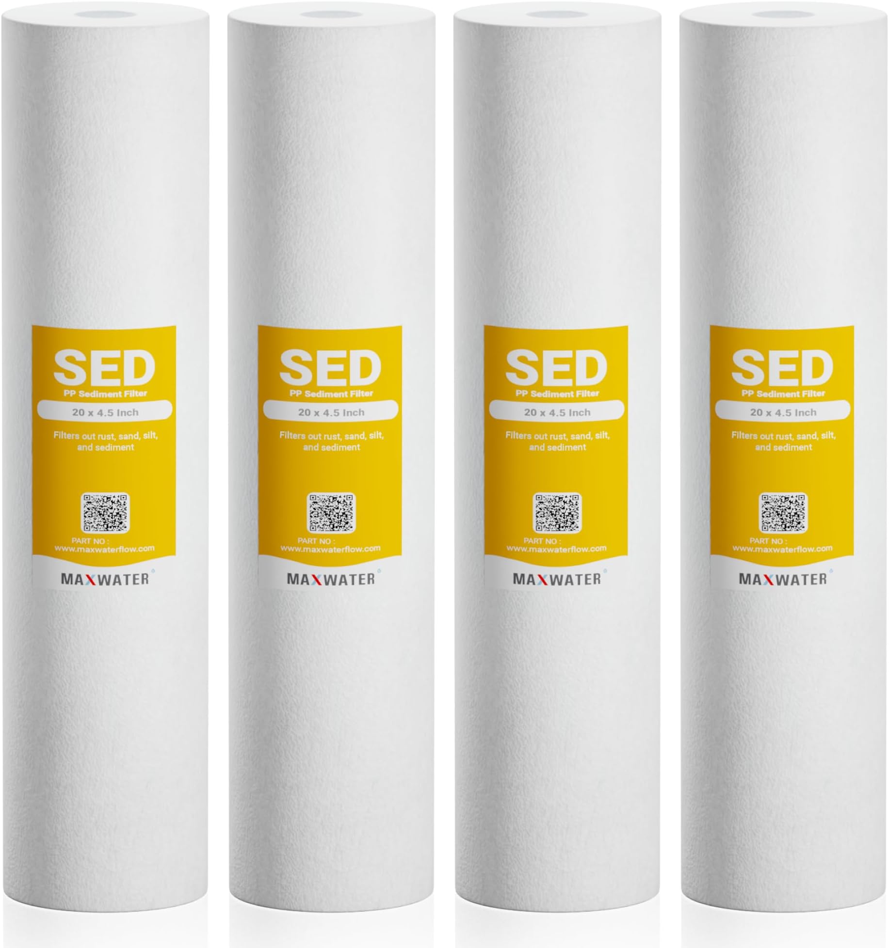 Max Water 10 Micron 20 x 4.5 Sediment Water Filter Replacement Cartridge, Whole House Sediment Filtration Compatible with DGD-5005-20, FP25B, AP810-6, FPMB5-20, P5-20, 155358-43, SDC-45-2005, 4 Pack