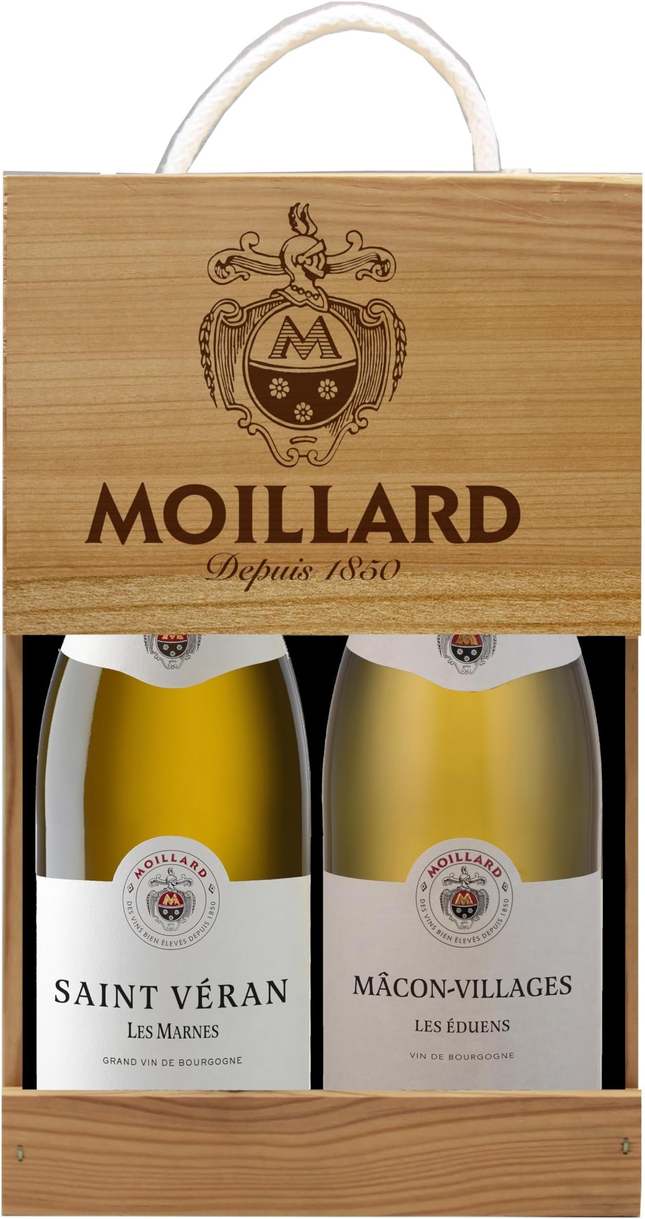 Moillard - Confezione regalo Saint-Véran, Mâcon-Villages, vino bianco Chardonnay, Grand Vins de Bourgogne in scatola di legno (2 x 0,75L) (Confezione da 6)