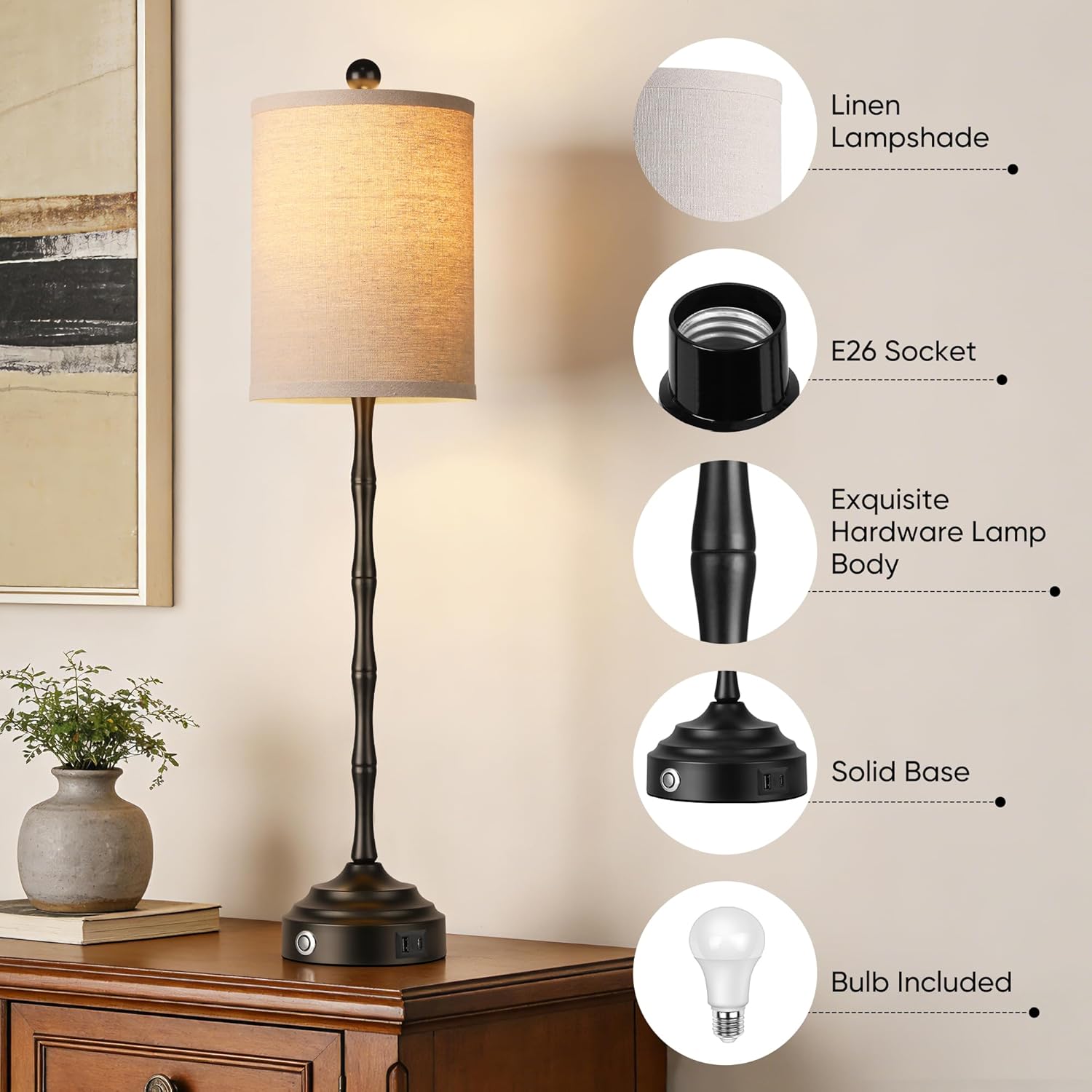 Qimh Buffet Lamps for Night Stands, 30.5" Tall Skinny Beside Lamps Set of 2 with Linen Shade and Stable Base, 2 LED Bulbs Morden Table Lamps for Living Room, Bedroom, Dinning Rooms, Entry, Home(Black)