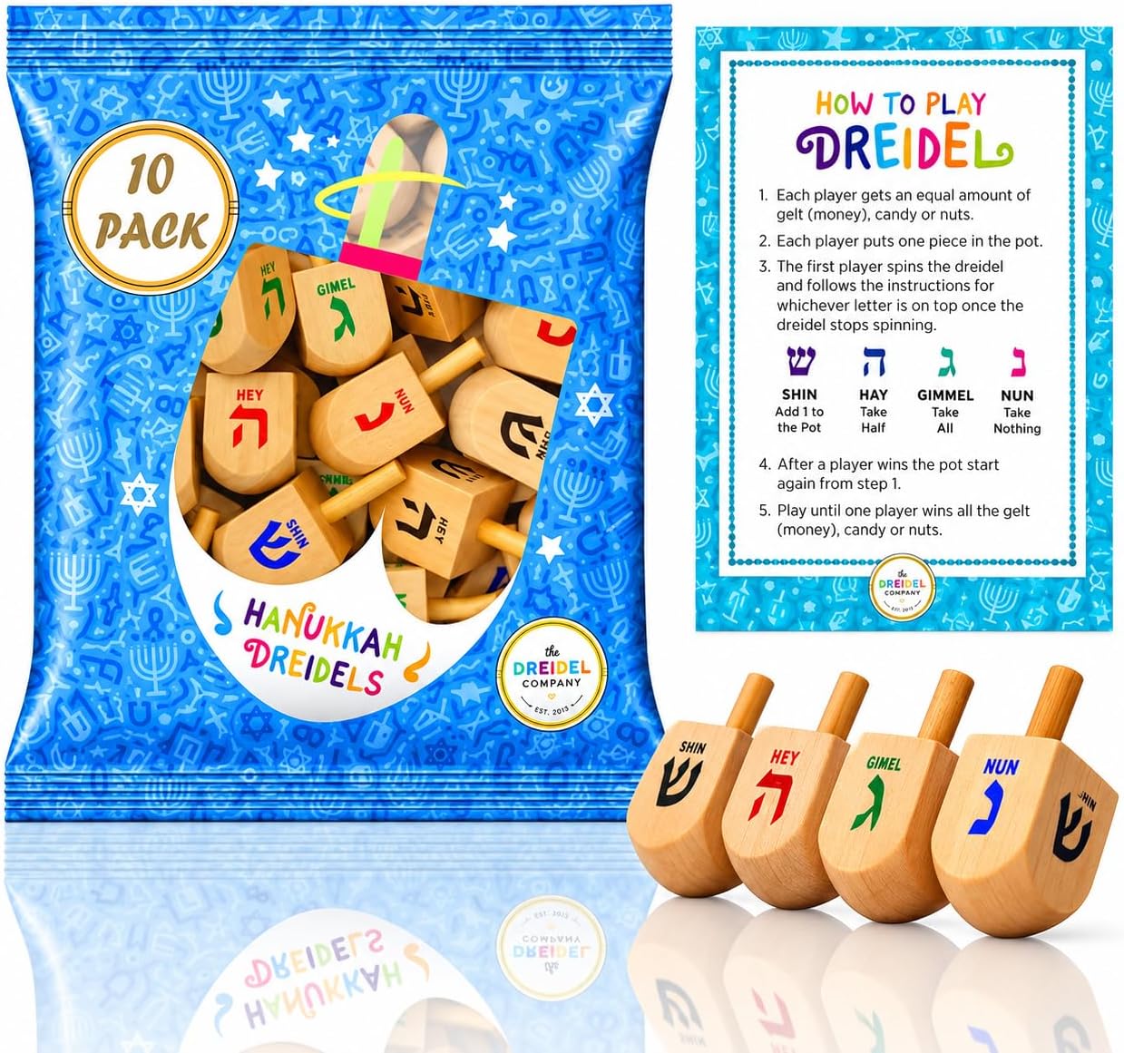 The Dreidel Company Wood Dreidels Medium Sized With English Translation (10-Pack) - Instructions Included!