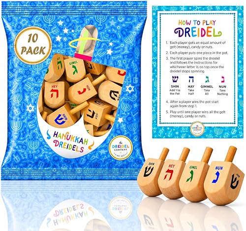 The Dreidel Company Hanukkah Wooden Dreidels Medium Sized With English Translation (10-Pack) - Instructions Included!