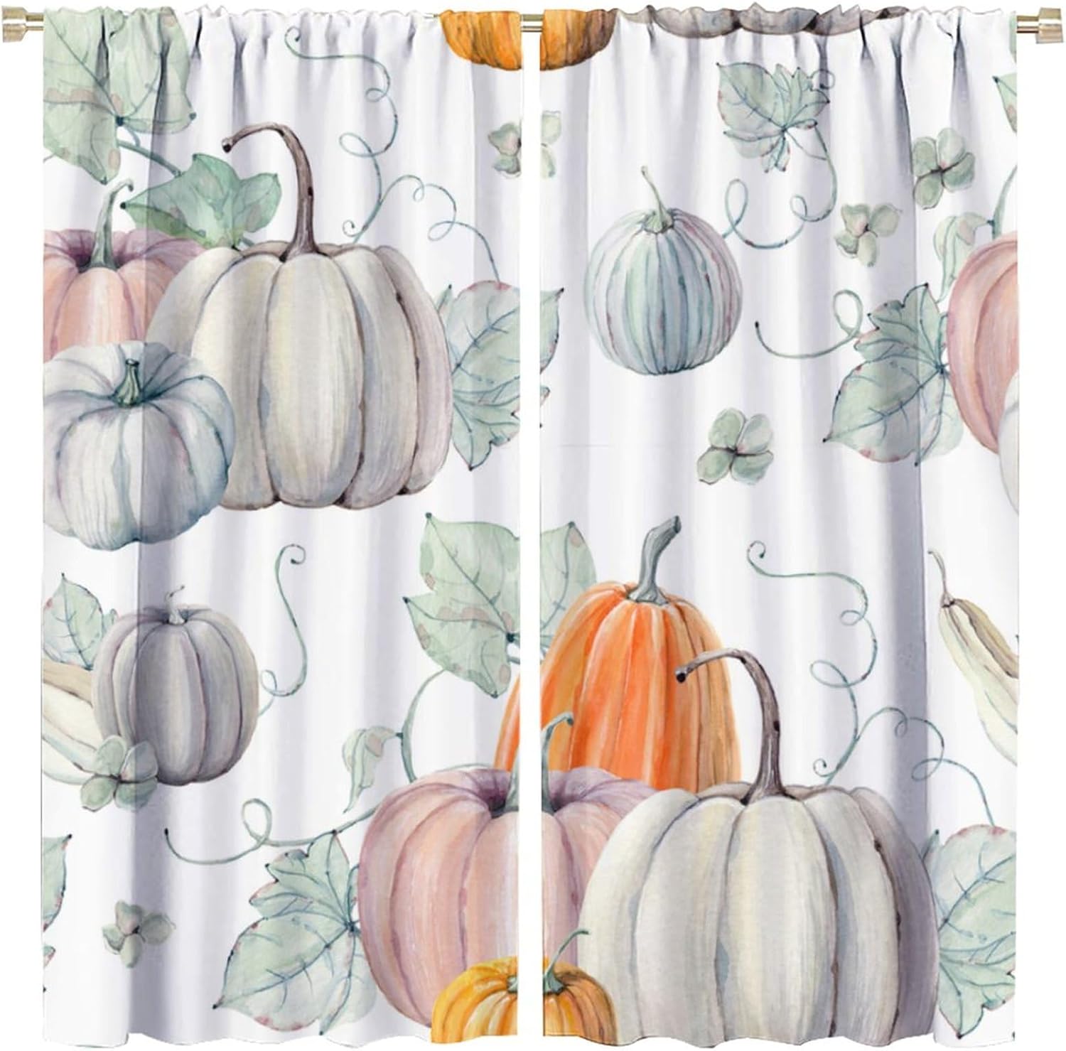 Vintage Fall Pumpkins Curtains, Rustic Autumn Thanksgiving Fresh Elegant Leaves Watercolor Print Window Drapes, Blackout Rod Pocket Thermal Insulation for Living Room Bedroom Bathroom 42x54 Inch