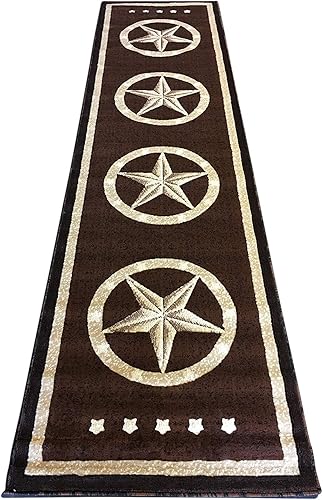 Miniatura 1 de Texas Star - Alfombra larga de pasillo con diseño de estrella solitaria, color marrón oscuro #5457 (32 pulgadas x 15 pies 10 pulgadas)