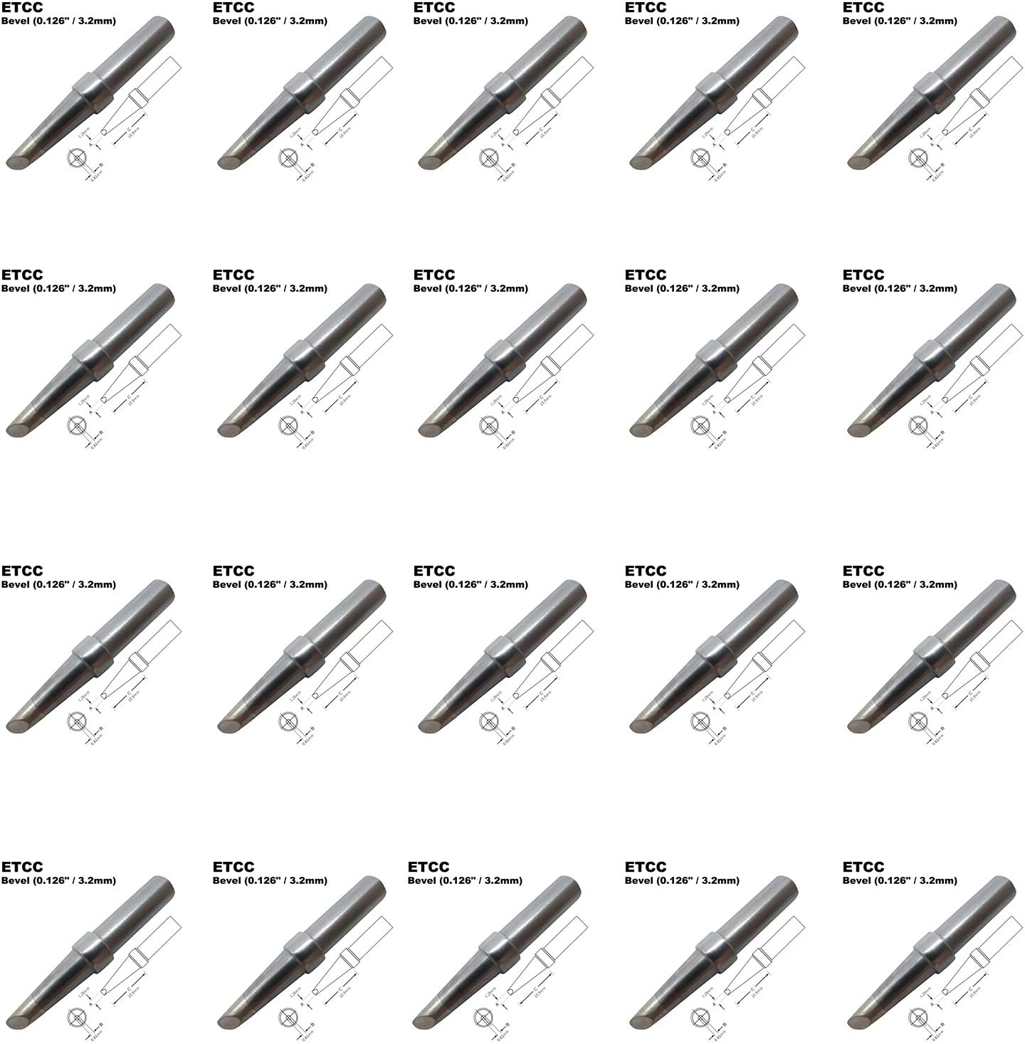ETCC Bevel Single Flat Soldering Tip 0.126" / 3.2mm for WESD50 WES50 WESD51 WES51 PES50 LR20 PES51 LR21 WE1010NA (WE1010EU WE1010EDU) WE1010 WECP ACE Brand Solder Iron Handle Tips (20)
