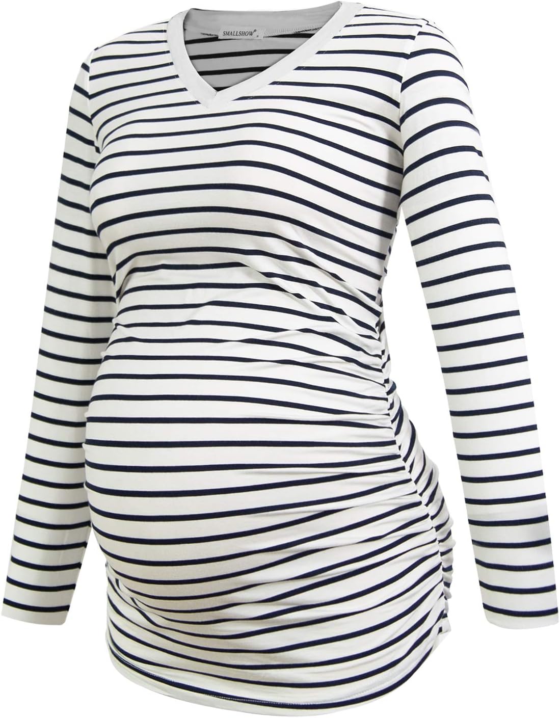 Smallshow Women's V-Neck Maternity Shirt Clothes Long Sleeve Ruched Pregnancy Top - Image 2