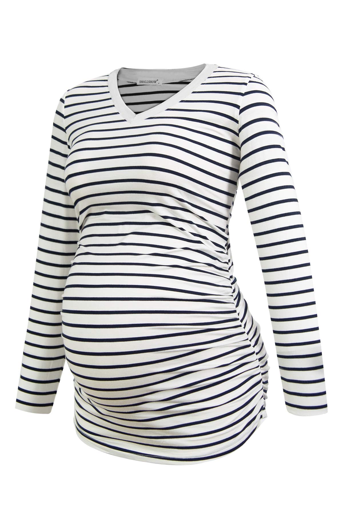 Smallshow Damen V-Ausschnitt Umstandsshirt Kleidung Langarm Gerafft Schwangerschaft Top