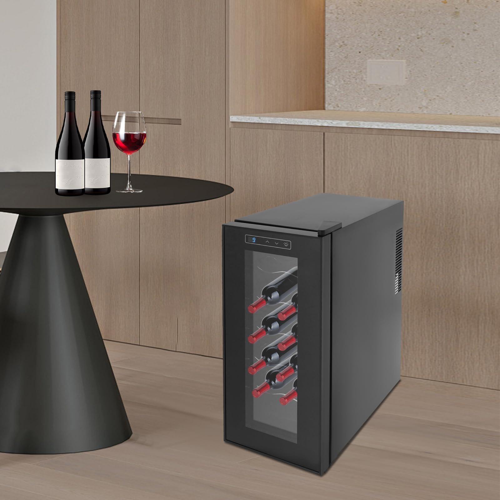 12 botellas de vino, gabinete climatizado, pantalla LED y panel táctil intuitivo, hay cinco estantes, familia, oficina, hotel, bar, club, rango de refrigeración del 55 % al 75 %