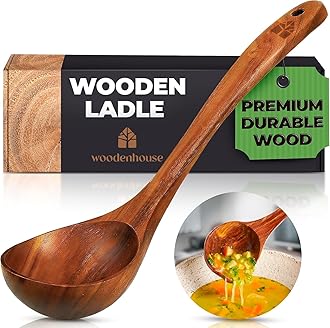 Wooden Ladle for Cooking, Soup Spoon Ladle – Teak Wooden Serving Spoon, 12.4″ Handle, Medium Scoop Size 2 oz – Eco Friendly, Natural and Sustainable
