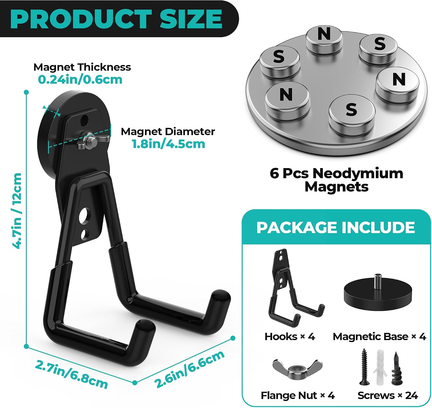 4 Pack Large Magnetic Hooks Heavy Duty, Strong Magnet Utility Hooks, Garage Storage Magnetic Hooks for Hanging Power Drills, Ladders, Hoses, Brooms & Outdoor Tools(Black)