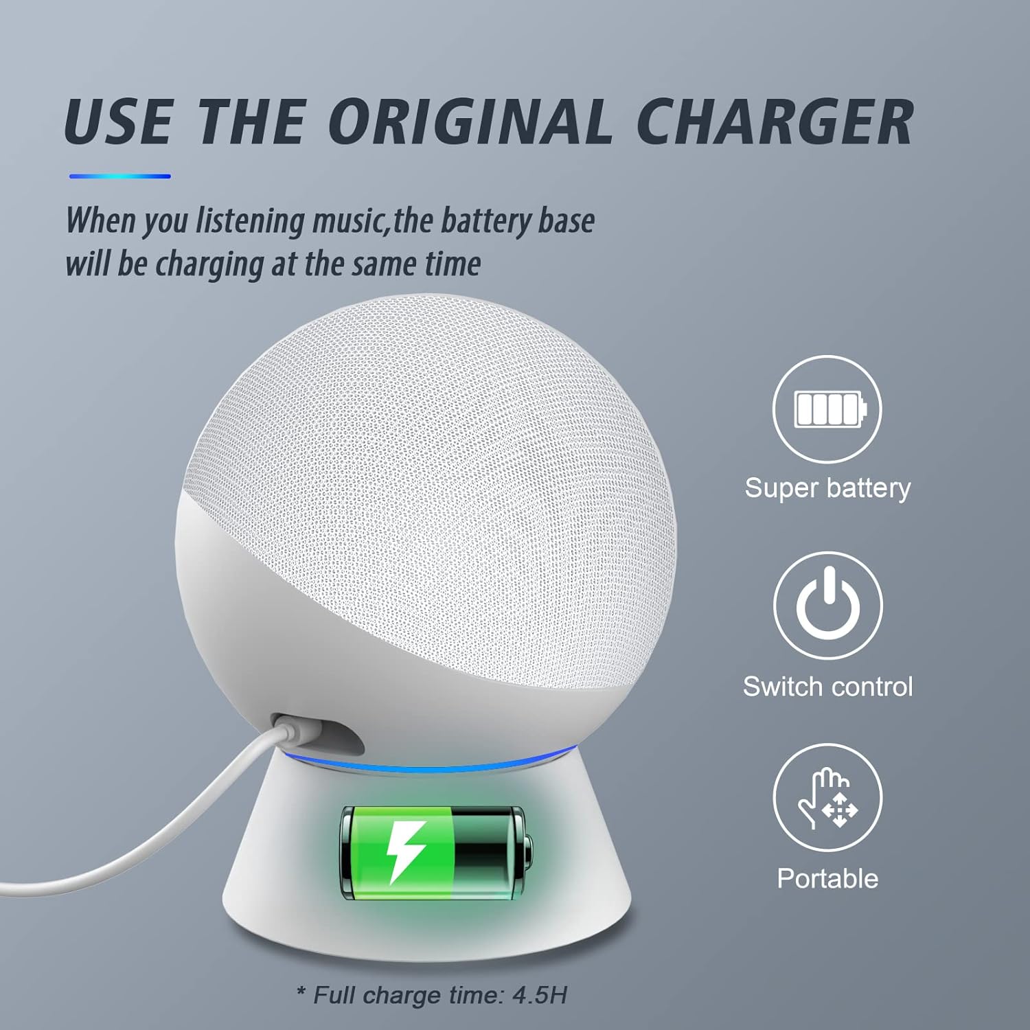 Cirtek Battery Base for 4th Generation, Work with Smart Speaker 4th Gen, Make 4th Gen Portable, 5000mAH X2PCS Battery Capacity Rechargeable Battery Stand, White (Not Include The Speaker)