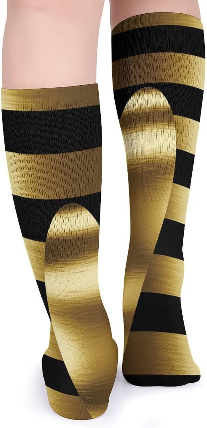 Gold Heart Stripe Crew Socks Cozy Casual Calf Socks Lightweight Long Work Sock Breathable Athletic Sock for Hiking Sports Running 5 Pairs