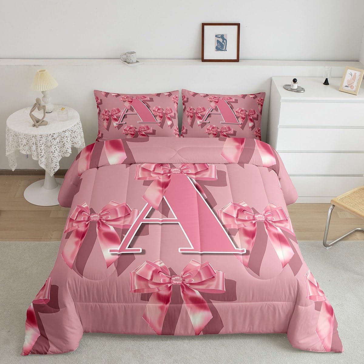 jejeloiu Girls Pink Bow Comforter Set All Season Cute Bowknot Bedding Set with 1 Pillow Cases Initial Letter A Kids Twin Bedclothes Monogrammed Bedroom Decor Kawaii Coquette Bows Duvet Quilt