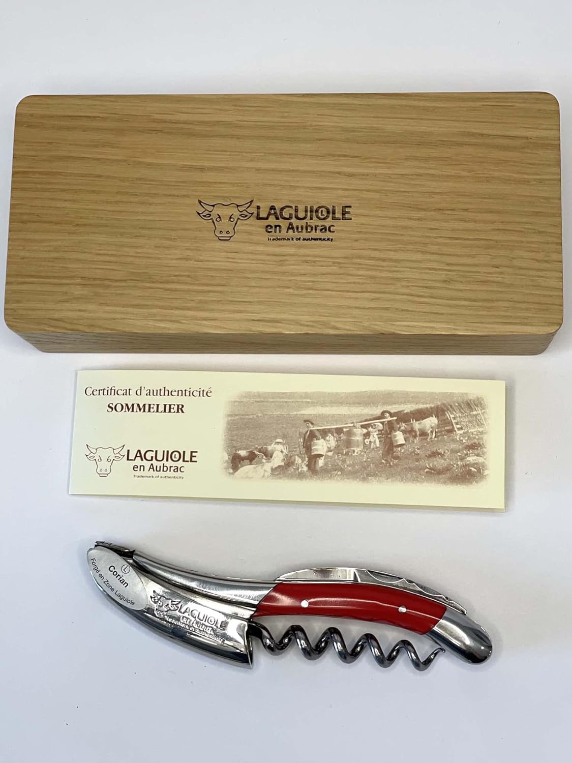 Laguiole En Aubrac Sommelier Waiter's Corkscrew, Corian Handle, Wine Opener With Foil Cutter & Bottle Opener, Stainless Steel Shiny Bolsters (Empire Red Corian)