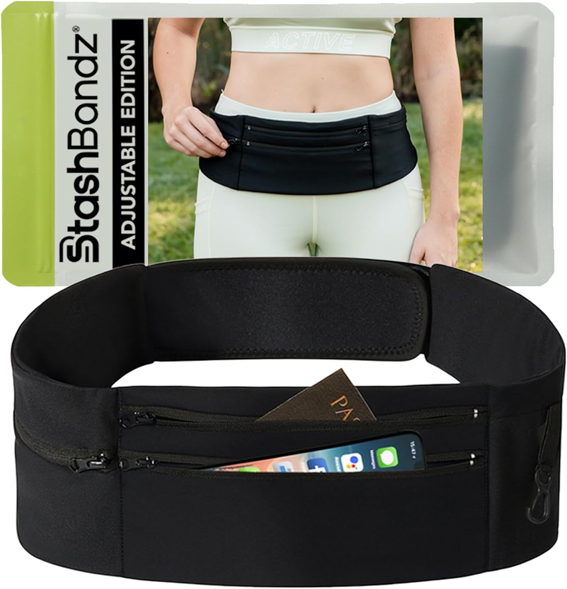 Running Belt Money Belt, 3 Large Zippered Pockets | Fanny Pack - Adjustable No-Bounce, 1 Waterproof Pocket, Water Bottle Holder, Key Clip, Fits Phone, Passport & More