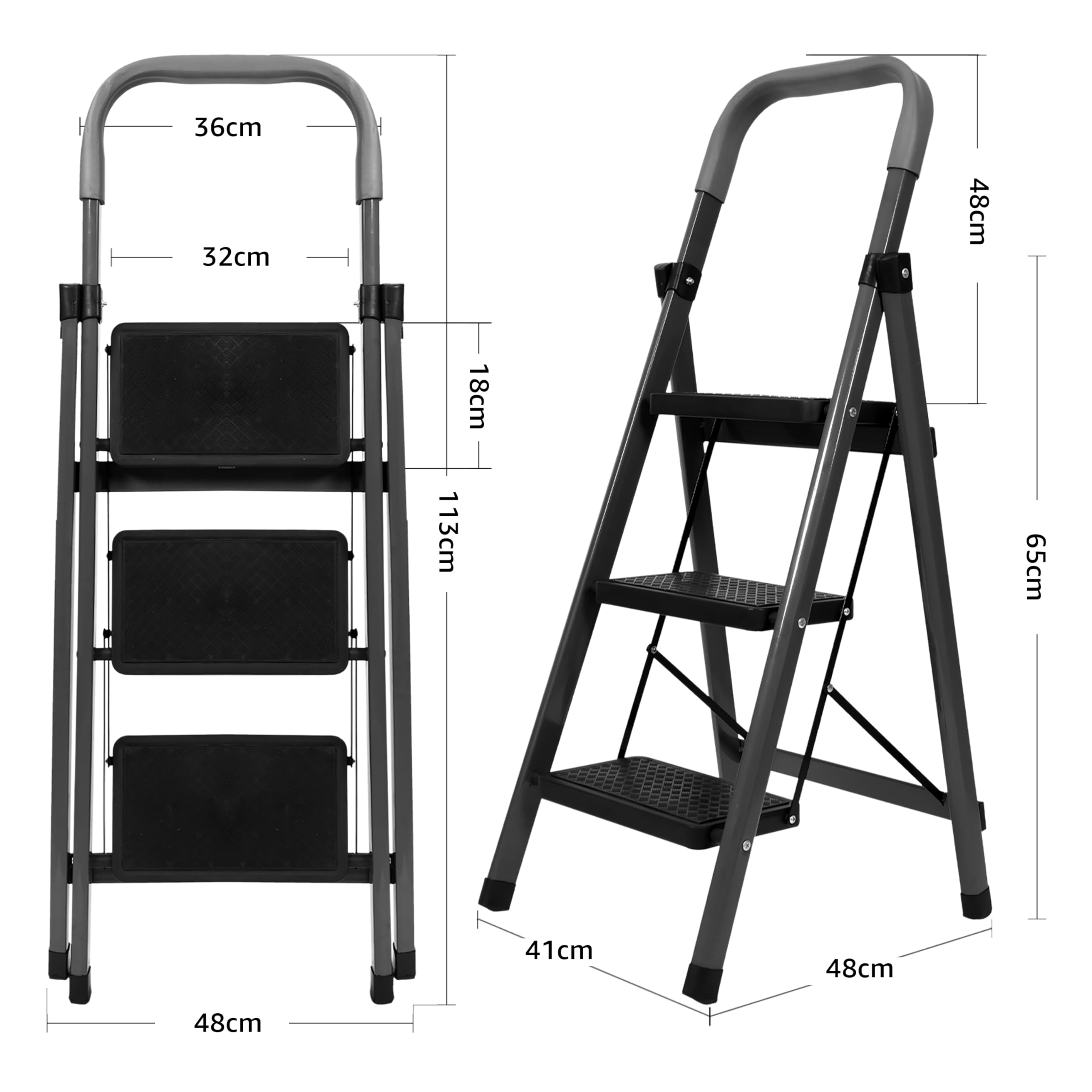 Equal 3-Step Ladder for Home | Carbon-Series Steel Folding Step Ladder with Wide Anti-Skid Steps | 5 Years Limited Warranty | 3 Step - Grey 1