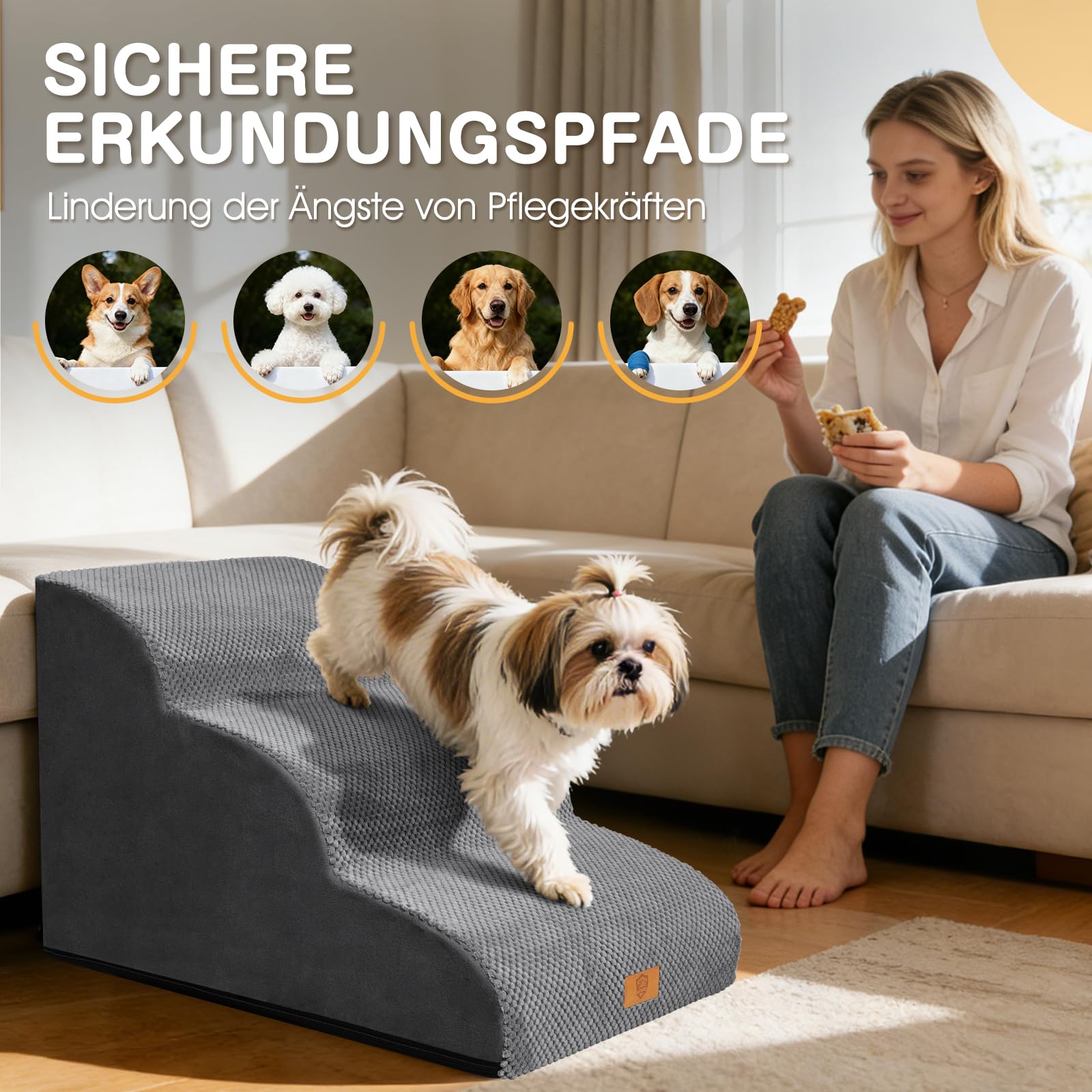 Zvonema Hundetreppe, wasserdichte Hundetreppe 40cm Hoch, rutschfeste 3 Stufen Treppe für Hunde, Verletzungsprophylaxe Hochwertige Schwamm Katzentreppe, Waschbar Hunderampe für Sofa Bett