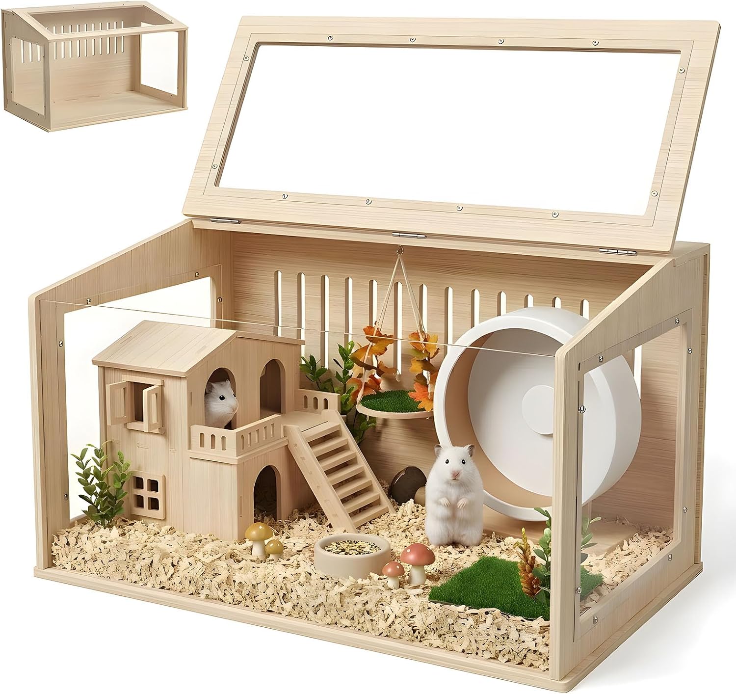 Wooden Hamster Cage, 24" L x 16" W x 16" H Large Pet Enclosure with Top Access & Easy Assembly, 270° Panoramic View Ventilated Hamster Habitat for Dwarf Hamsters, Syrian Hamsters, Gerbils, Mice & Rats