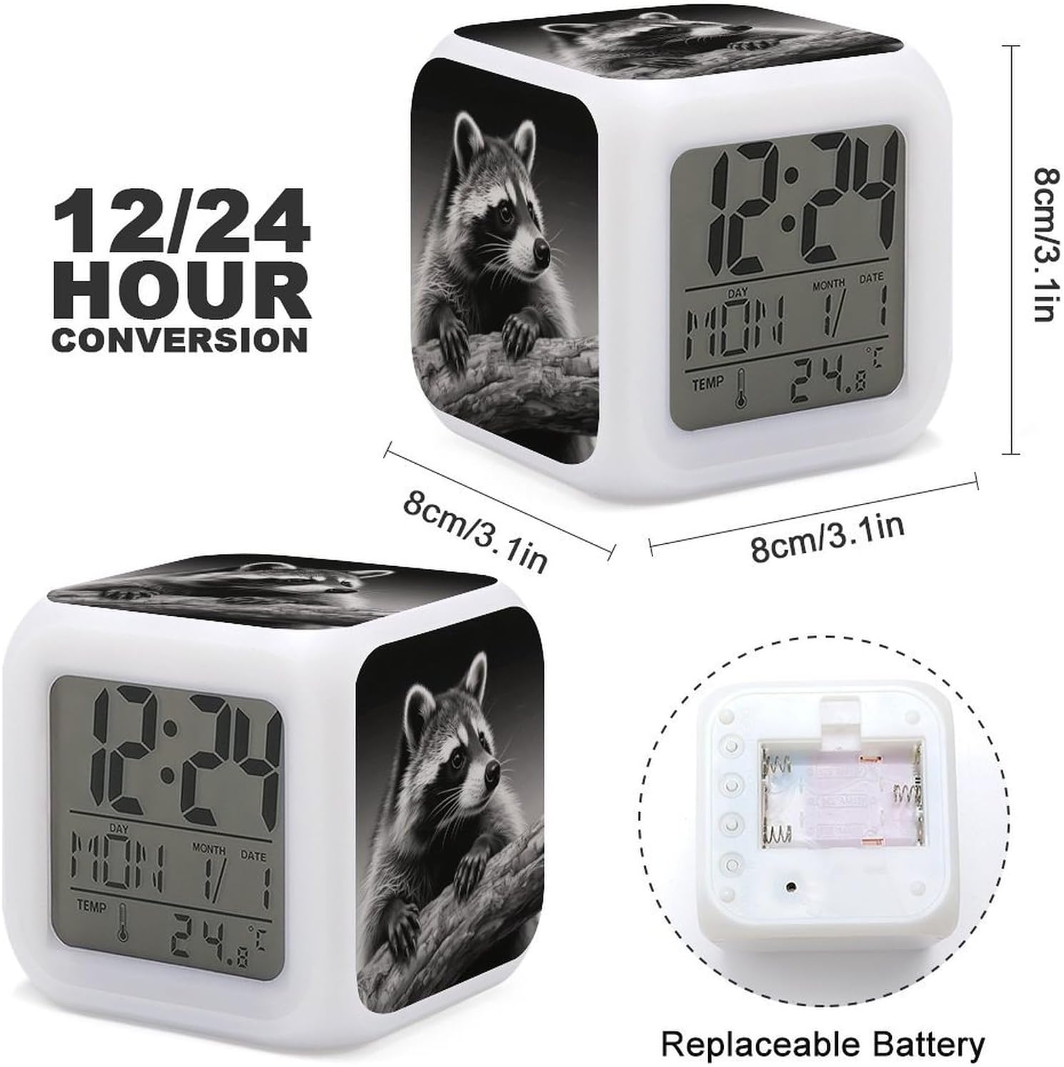 Night Light Alarm Clock, 7 Color Changing, Raccoon Black image 3