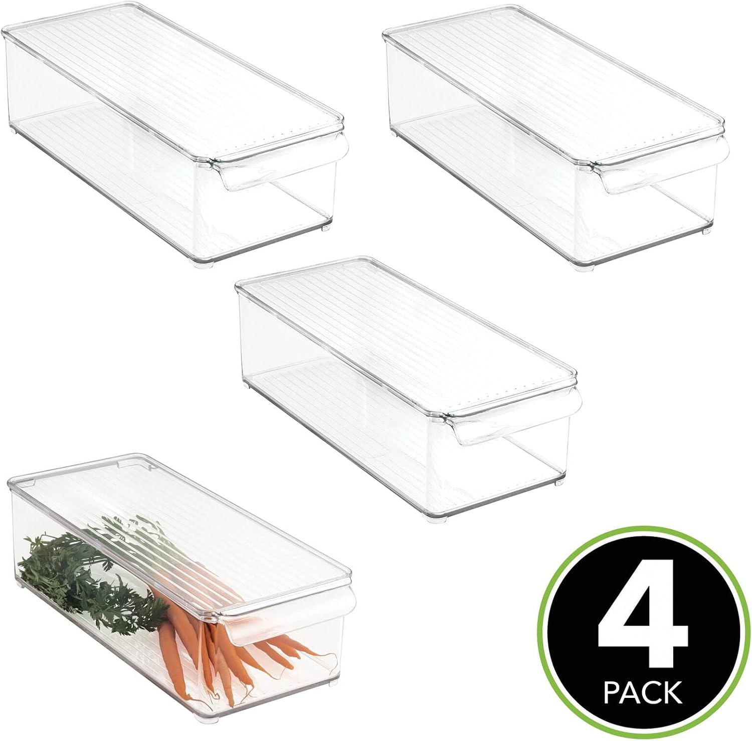 mDesign Slim Plastic Food Storage Container Bin with Lid and Front Handle for Kitchen, Pantry, Cabinet, Fridge and Freezer - Organizer for Snacks, Produce, Vegetables, Pasta, Drinks - 4 Pack, Clear