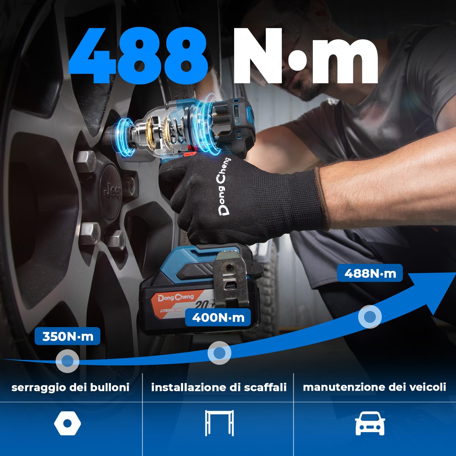 Dong Cheng Avvitatore a impulsi a batteria 20V con batteria da 4,0 Ah, motore brushless, attacco 1/2", cambio a 3 velocità, Per uso automobilistico e fai da te