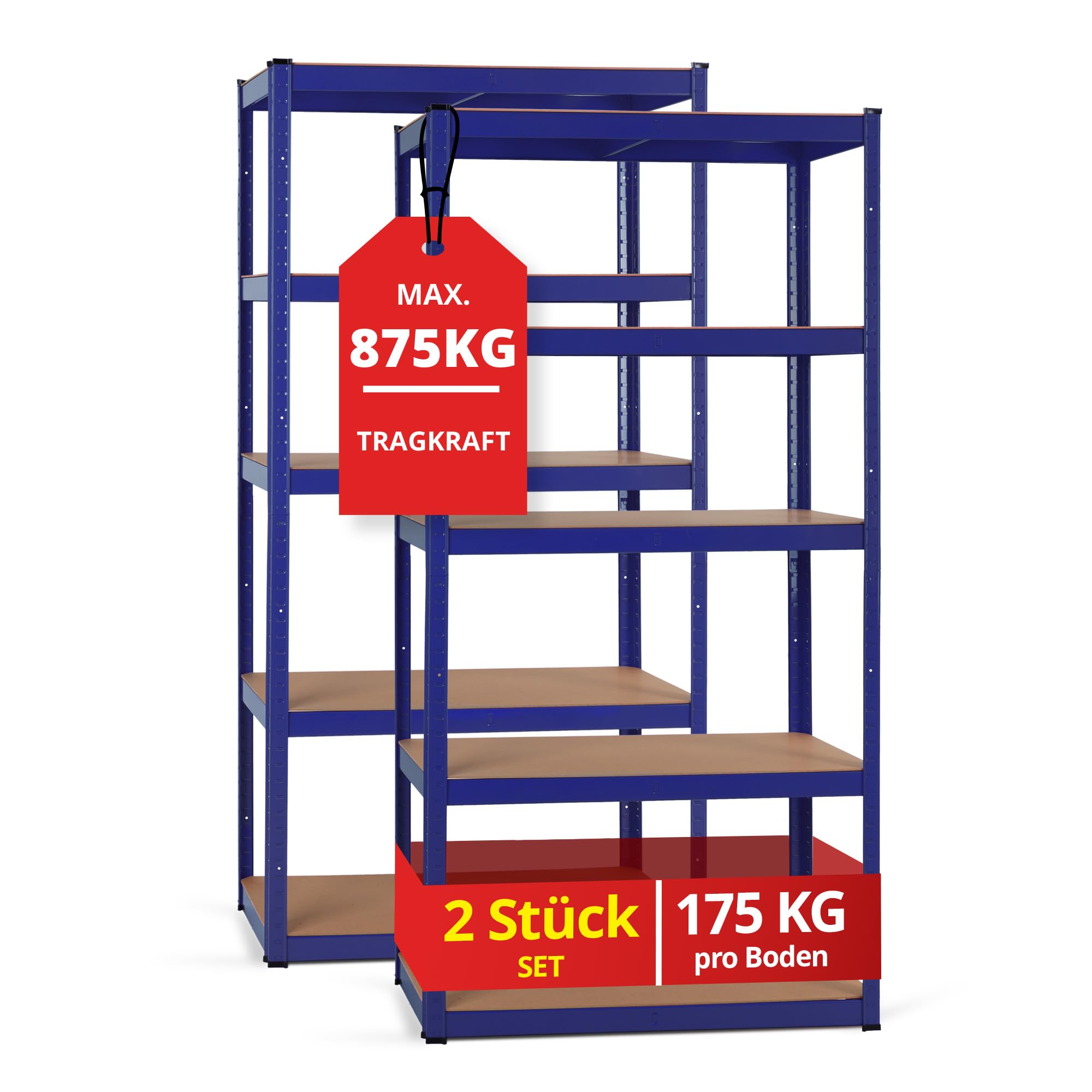 Stagecaptain Heavyrack HR-175 BU Juego de 2 estanterías metálicas - Estanteria Almacenaje de Cargas Pesadas de 875 kg MAX. - Estante Almacenamiento - 5 Baldas Multiusos - Azul