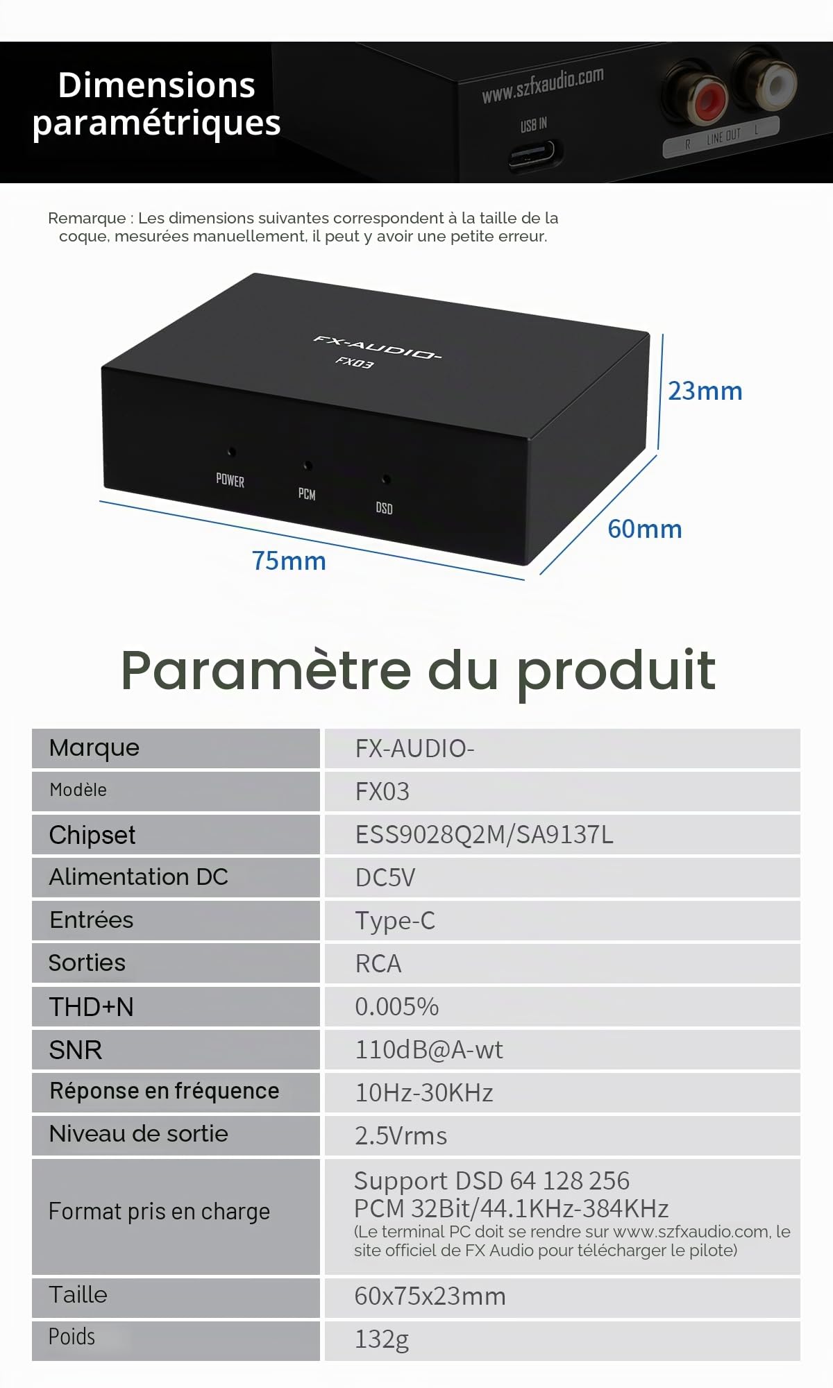 FX-Audio- FX03 Convertisseur audio numérique vers analogique 384 Khz DAC USB-C vers RCA compatible DSD 256 PCM 32 bits pour décodeur, téléphone portable, ordinateur, machine de jeu