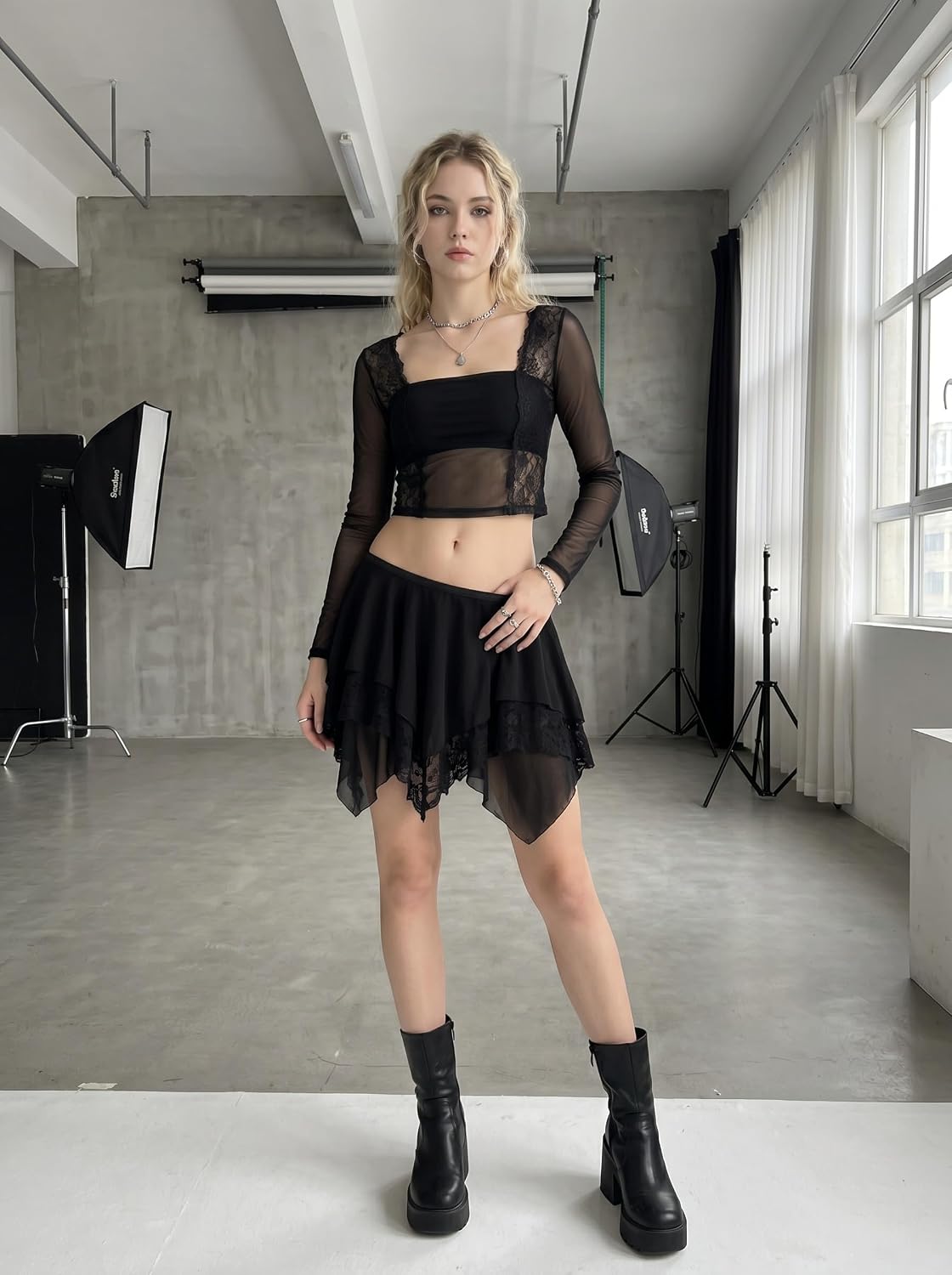 Avidlove Women's Asymmetrical Mesh Lace Mini Skirt