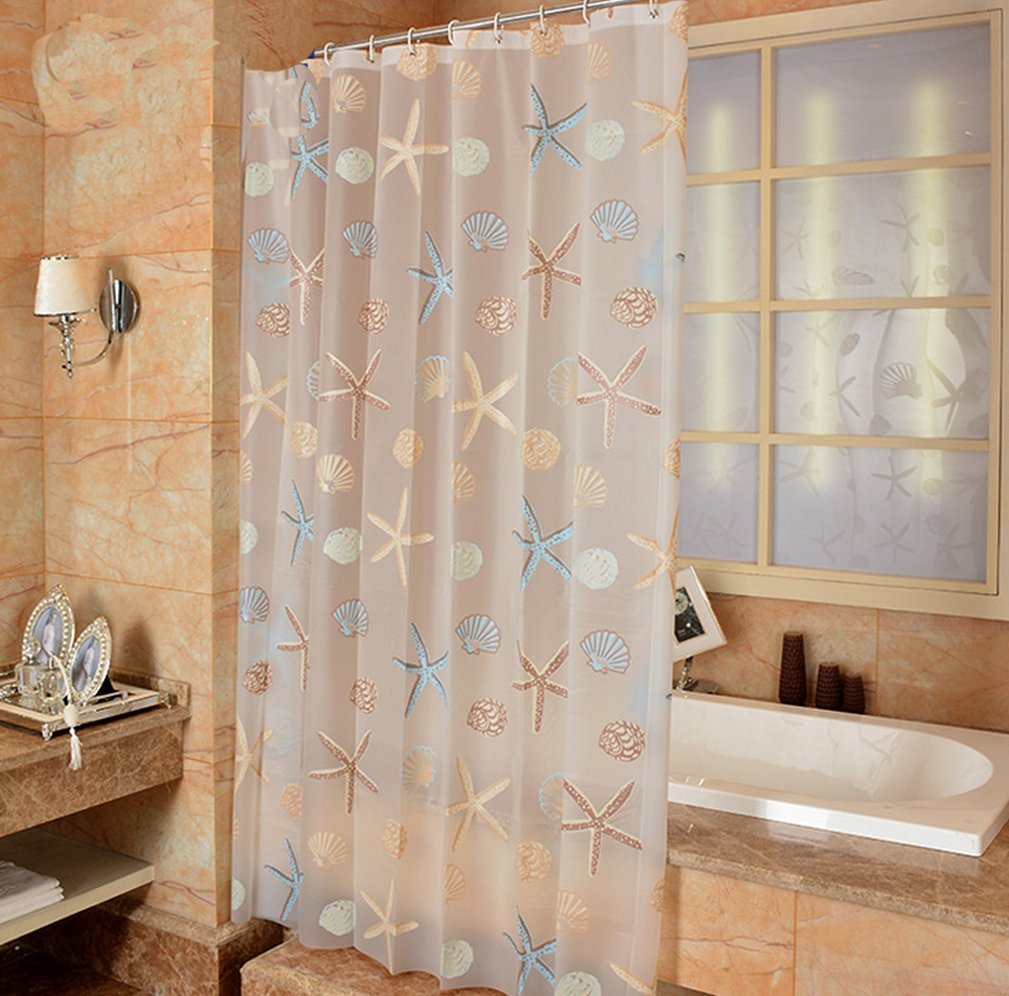 Yiyida White Elegant Peva Bathroom Shower Curtain With Hooks Frosted Starfish And Seashell,240X180cm