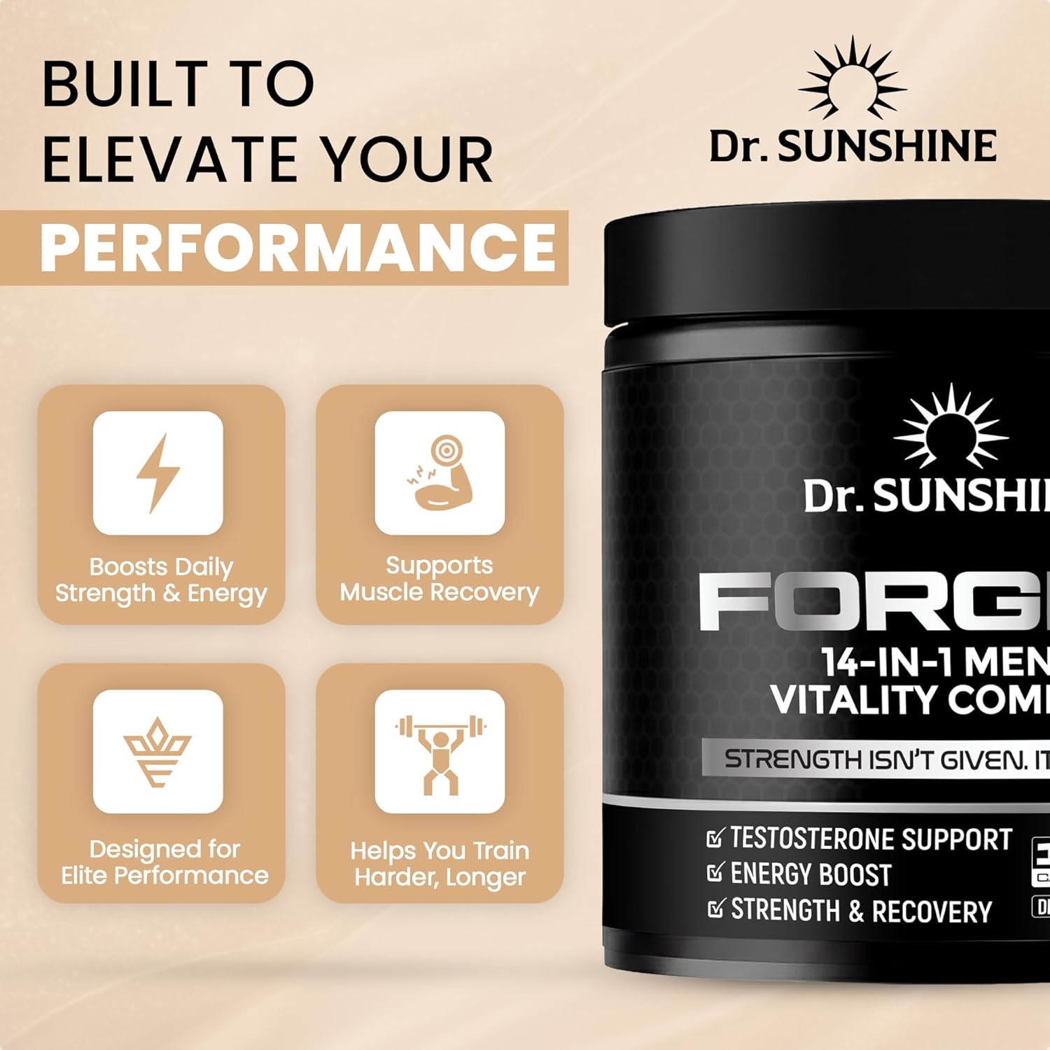 DR. SUNSHINE Forged Testosterone Booster for Men–14 in 1 Natural Male Strength with Shilajit, Ashwagandha,Tongkat Ali-Muscle Builder Testosterone Supplement for Men-2 Month (120 Capsules) - Image 3