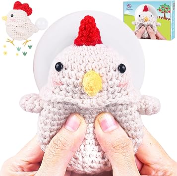 Crochetta Crochet Kit for Beginners, Squeeze Bubble Amigurumi Crocheting Kits w Step-by-Step Video Tutorials, Knitting Starter Supplies for Adults Kids, Anxiety Relief Bubble Chicken 40%+ Yarn