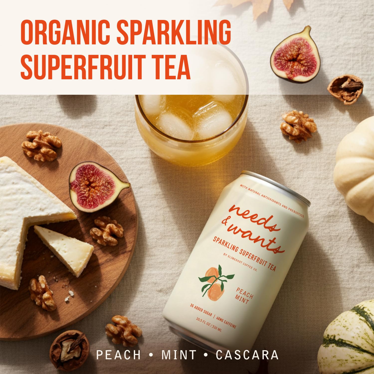 Needs & Wants Sparkling Tea - Peach Mint, 10.5oz Cans (12 Pack) | Organic Superfruit Tea with Cascara, Sweet Peach & Cooling Mint, Lightly Sweet with Refreshing Summer Flavor and Natural Caffeine
