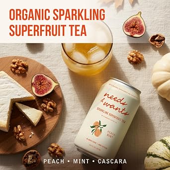 Needs & Wants Sparkling Tea - Peach Mint, 10.5oz Cans (12 Pack) | Organic Superfruit Tea with Cascara, Sweet Peach & Cooling Mint, Lightly Sweet with Refreshing Summer Flavor and Natural Caffeine