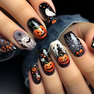 Halloween Press on Nails Medium Fake Nails Pumpkin Ghost False Nails Spider Web Bat Acrylic Nails Glossy Castle Glue on Nail Full Cover Square Stick on Nail for Women Halloween Manicure Decoration