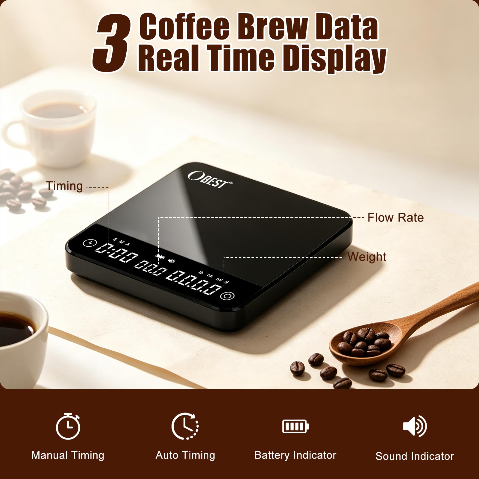 OBEST Balance Numérique à Café avec Minuterie,Précision 0.1g/2kg,4 Modes d'Infusion,Rapport d'Infusion Personnalisable,Tarage Automatique,Balance de Café Numérique pour Verser, Expresso, Presse