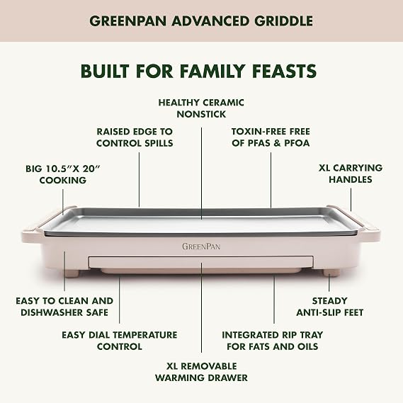 GreenPan Advanced 10.5x 20 Electric Griddle with Warming Drawer, Healthy Ceramic Nonstick PFAS-Free Coating, Temperature Control, Easy and Versatile Countertop Meals, Dishwasher Safe, Clay