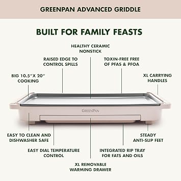 GreenPan Advanced 10.5x 20 Electric Griddle with Warming Drawer, Healthy Ceramic Nonstick PFAS-Free Coating, Temperature Control, Easy and Versatile Countertop Meals, Dishwasher Safe, Clay
