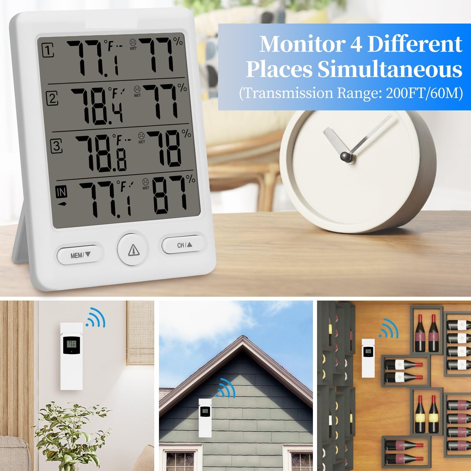 Stazione Meteorologica Wireless per Interni Ed Esterni, Termometro, Igrometro Digitale, Temperatura, umidità, con 3 Canali,White