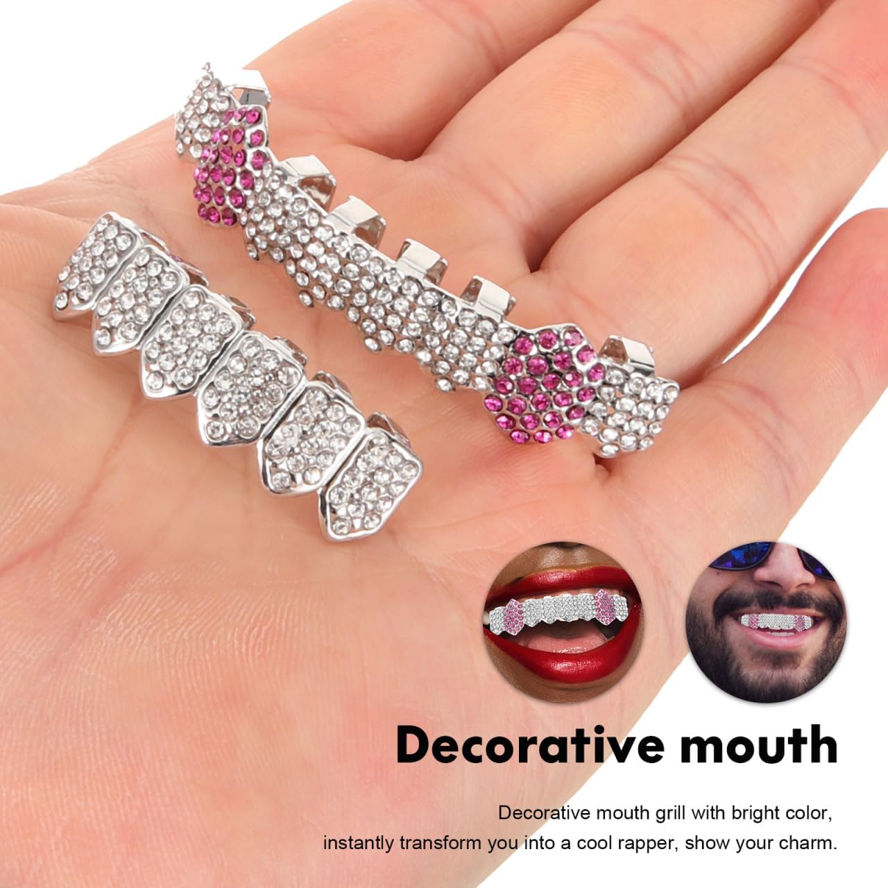 BESPORTBLE Hip-Hop Teeth Grills for Men and Women: Sliver Teeth Grills Inlaid with Shiny Zircon Rap Accessory for Daily wear and Cosplay Halloween Party