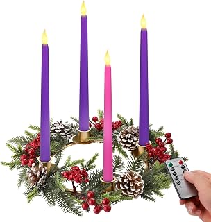 Christmas Advent Candle Wreath Set - 17.7in Christmas Wreath with Candle Holders, 4 Candles, Red Berries, Pinecones for Home Church Celebration Party Decoration (Battery Not Included)