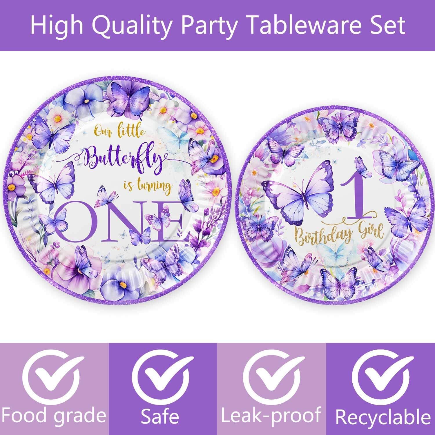 120 Pcs Butterfly 1st Birthday Party Supplies Girl Purple Our Little Butterfly is Turning One Decoration Includes Paper Plates Napkins Cups Straws Forks for Butterfly One Year Old Birthday Favors