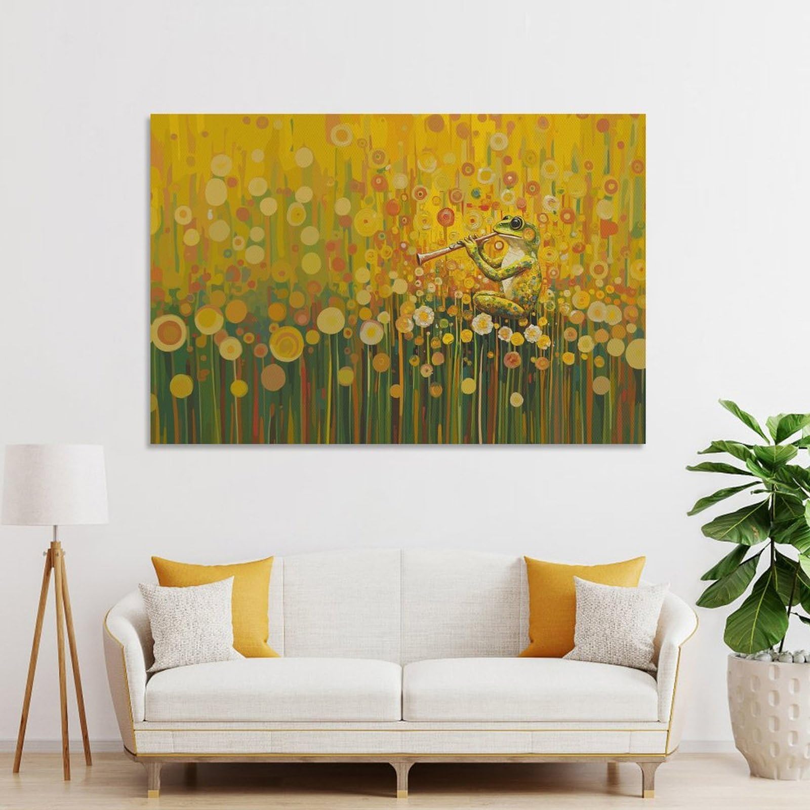 Junmoney Wall Picture Print Frog Playing Flute in Flower Field, 24x36inch(60x90cm), for Living Room, Lounge Or Sitting Room, A Home Accent with Warm Character
