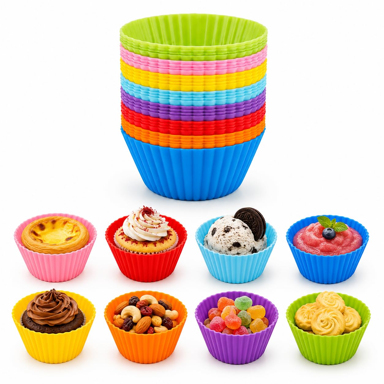 40 Pcs Reusable Silicone Cupcake Liners, 8 Colors, Food-Grade Muffin Cases