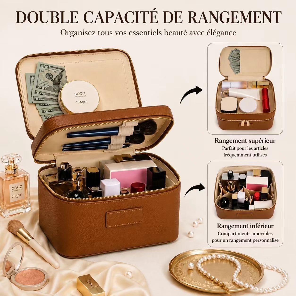 Trousse de Maquillage Double Couche Grande Capacité, Vanity Voyage avec Compartiment Amovible, Sac de Toilette Imperméable à Pochettes Multiples pour Femme