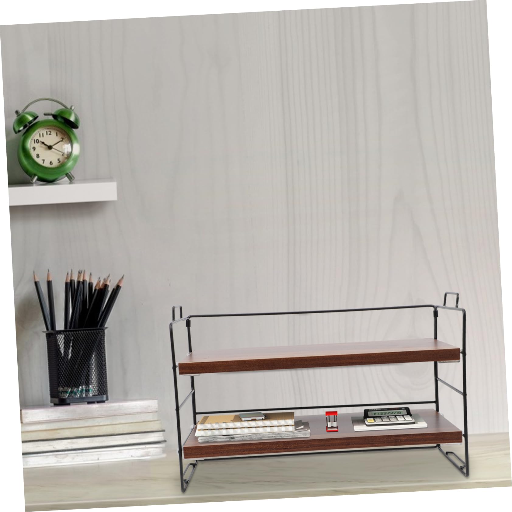 Ciieeo Schreibtisch Bücherregal aus Eisen und Holz 2 Ebenen Braun Einfache Montage Praktische Schreibtischablage für Büro und Zuhause Gewürzregal Stehend Holz