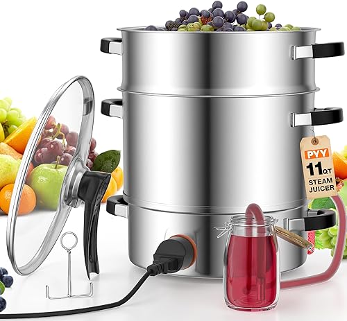 PYY Extractor de jugo de vapor eléctrico, exprimidor de vapor de frutas y verduras de 11 cuartos de galón para enlatado, acero inoxidable de 3 capas