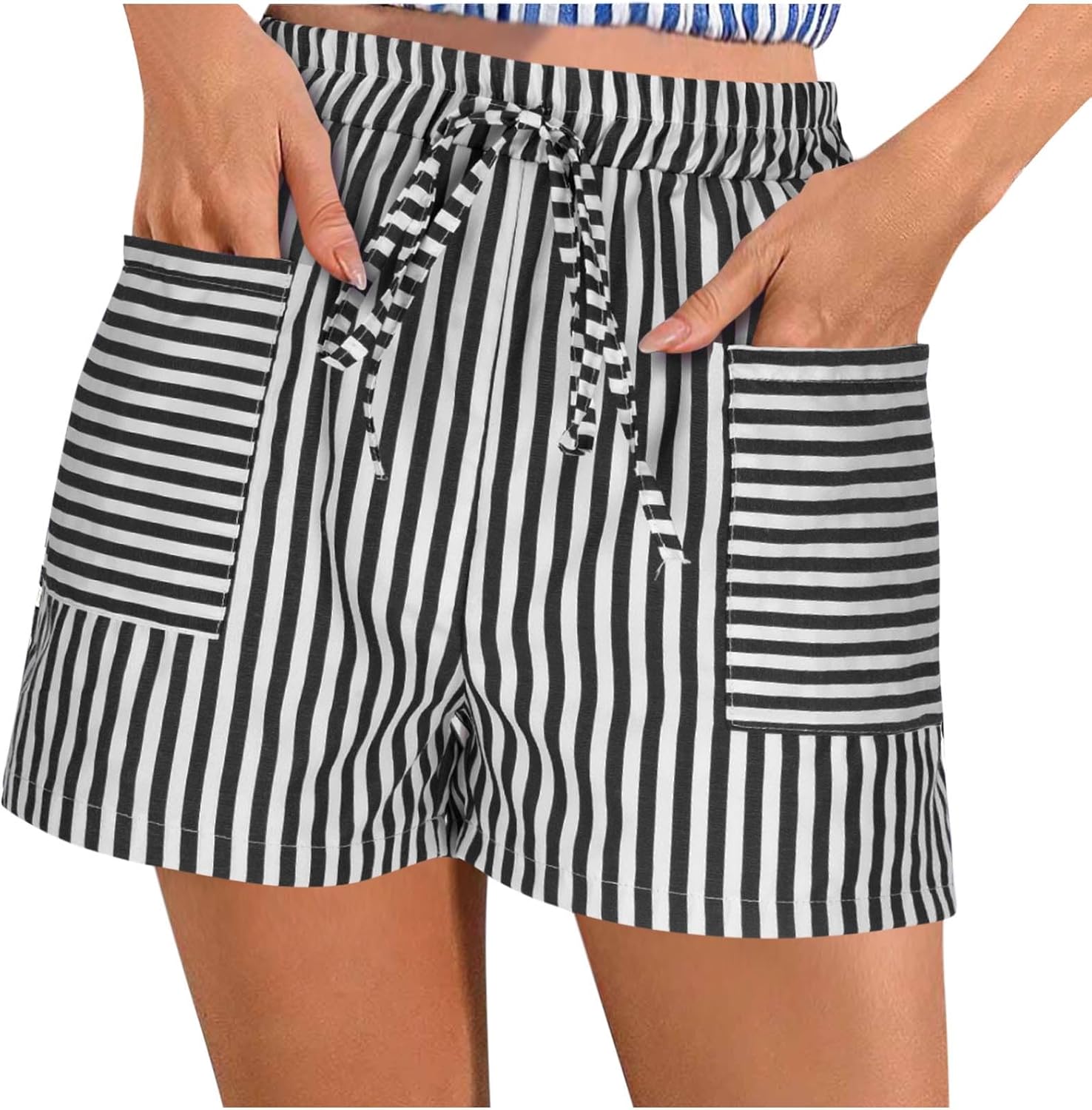 Summer Striped Shorts for Women Pull On Short Pants Casual Elastic High Waist Drawstring Bottoms with Front Pockets